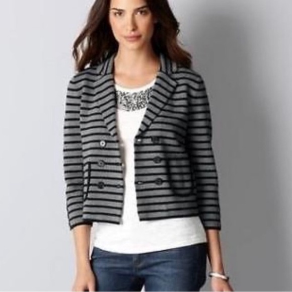 LOFT gray cotton tipped cardigan sweater with blazer look, heather gray & black - Picture 6 of 13